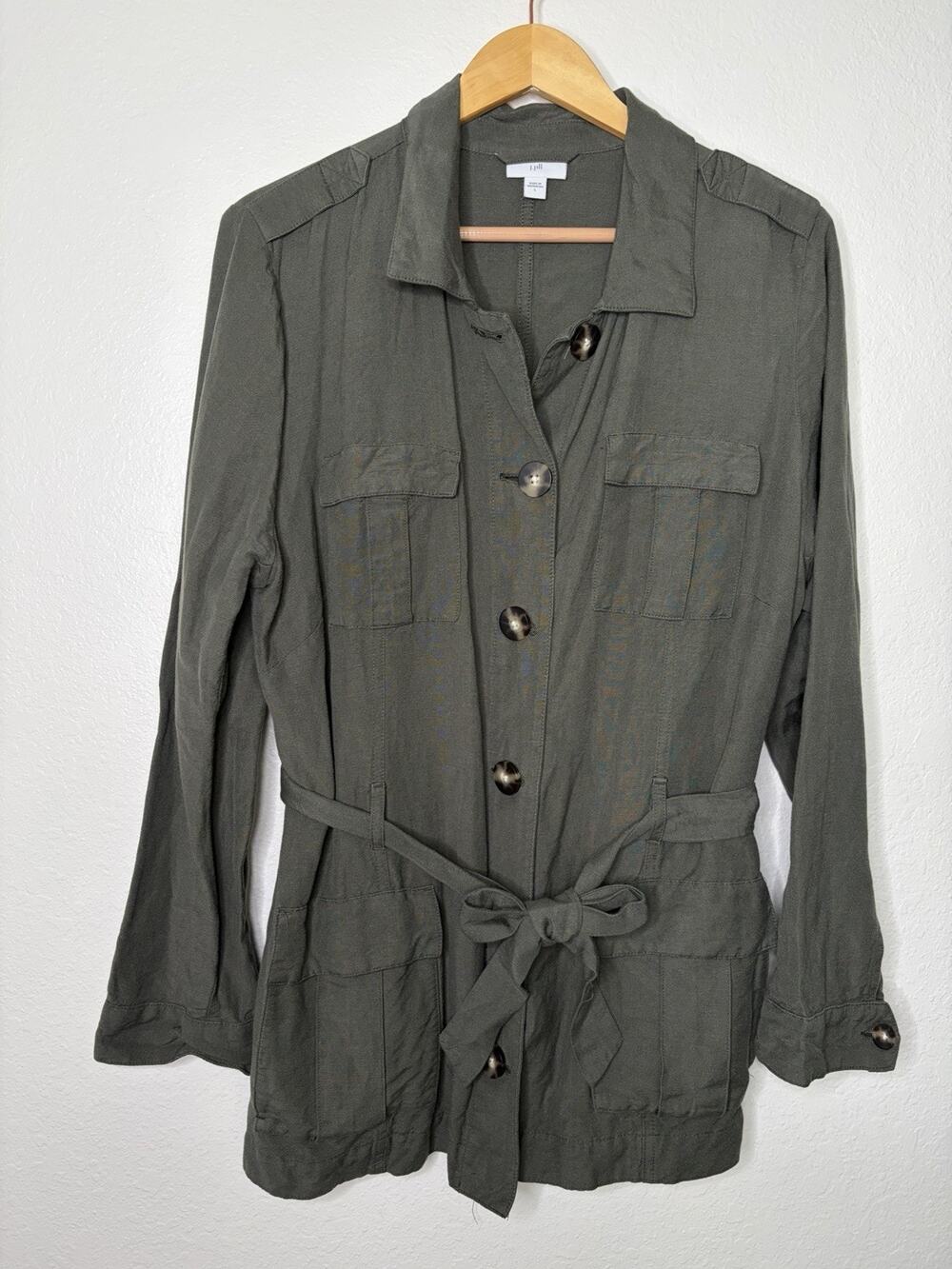 J. Jill Olive Green Utility Linen Button Up Shacket Size Large Gorpcore Casual